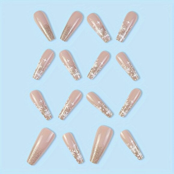 24pcs Christmas Press-On Nails Set - Long Ballerina, Glittery Pink & White - Picture 3 of 8